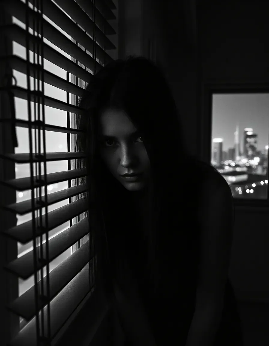 Noir window portrait — A monochrome portrait beside window blinds at night, long dark hair, bands of light and shadow, distant city lights, intimate noir atmosphere.