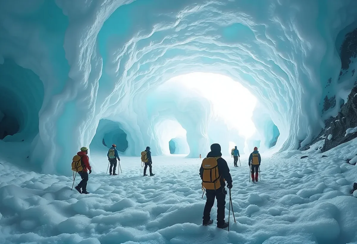 Explorers inside a blue ice cave — Explorers inside a blue ice cave. An atmospheric environment with layered depth, coherent lighting and rich environmental detail. Create a new…