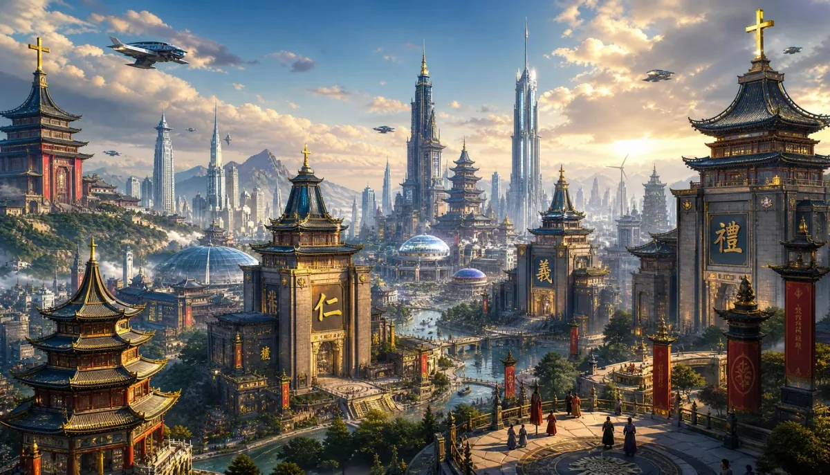 Futuristic golden temple city — Futuristic golden temple city. An atmospheric environment with layered depth, coherent lighting and rich environmental detail. Create a new…