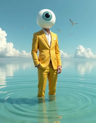 Eyeball figure in a yellow suit — Eyeball figure in a yellow suit. An imaginative character study with distinctive materials, expressive posture and cinematic lighting. Create a…
