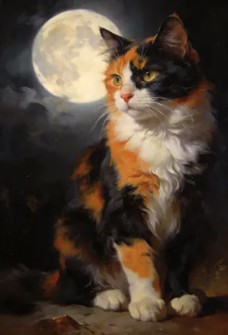 Moonlit calico — A calico cat seated beneath a full moon, dark atmospheric oil painting with warm fur highlights.