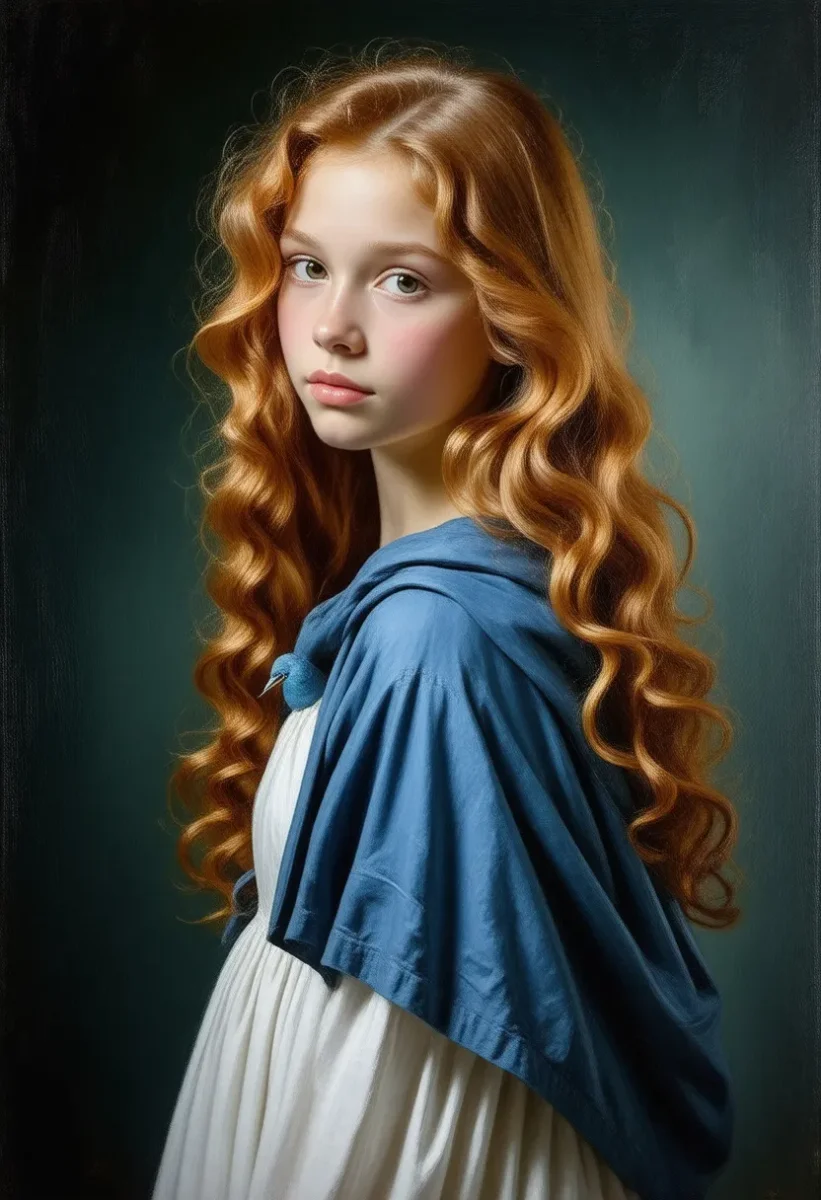 Red curls and blue cape — Red curls and blue cape. Natural photographic detail, balanced composition, expressive light and clear subject separation. Create a new interpretation…