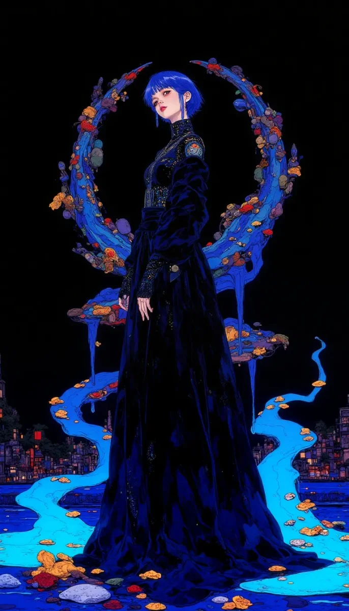 Dark gown and blue floral ring — Dark gown and blue floral ring. Expressive illustration, harmonious colors, a clear focal point and carefully arranged details. Create a new…