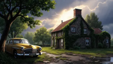 Stone cottage and a vintage car — Stone cottage and a vintage car. An atmospheric environment with layered depth, coherent lighting and rich environmental detail. Create a new…
