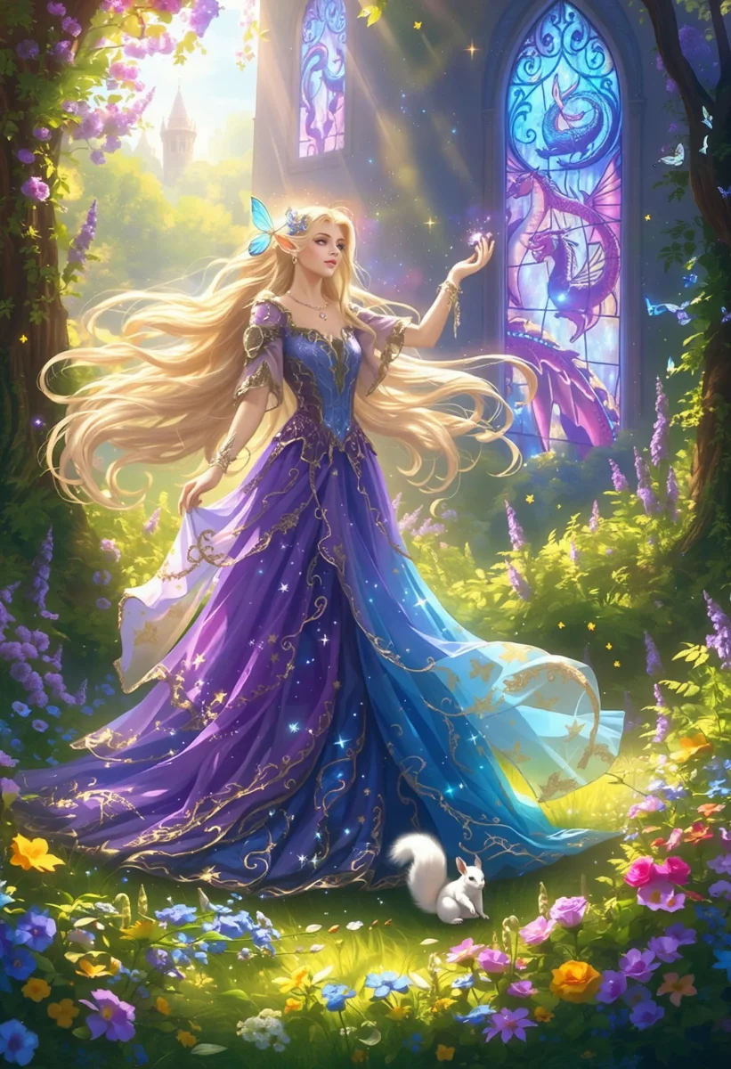 Enchanted stained glass garden — Enchanted stained glass garden. Expressive illustration, harmonious colors, a clear focal point and carefully arranged details. Create a new…