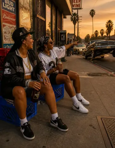 Friends outside a sunset storefront — Friends outside a sunset storefront. Natural photographic detail, balanced composition, expressive light and clear subject separation.…