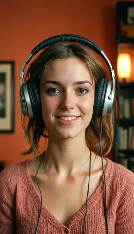Smiling portrait with headphones — Smiling portrait with headphones. Natural photographic detail, balanced composition, expressive light and clear subject separation. Create a…