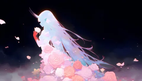 Petal spirit — A luminous white-haired spirit formed from soft pink petals against a black sky, airy fantasy illustration.