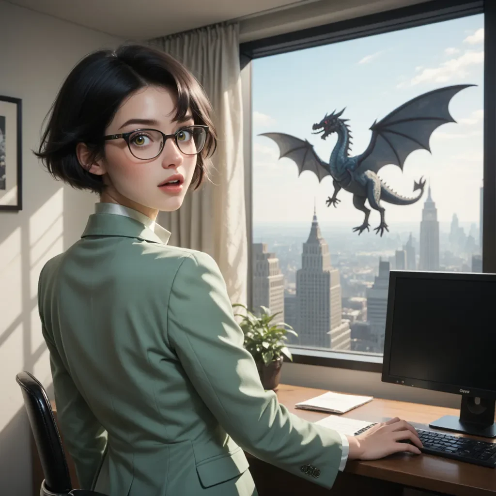 Office window with a flying dragon — Office window with a flying dragon. Expressive illustration, harmonious colors, a clear focal point and carefully arranged details. Create a…