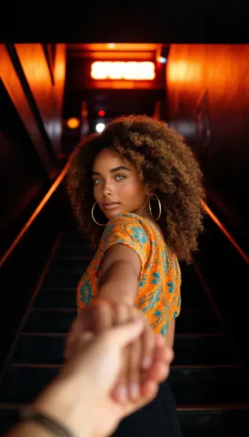 Following a friend up warm lit stairs — Following a friend up warm lit stairs. Natural photographic detail, balanced composition, expressive light and clear subject separation.…