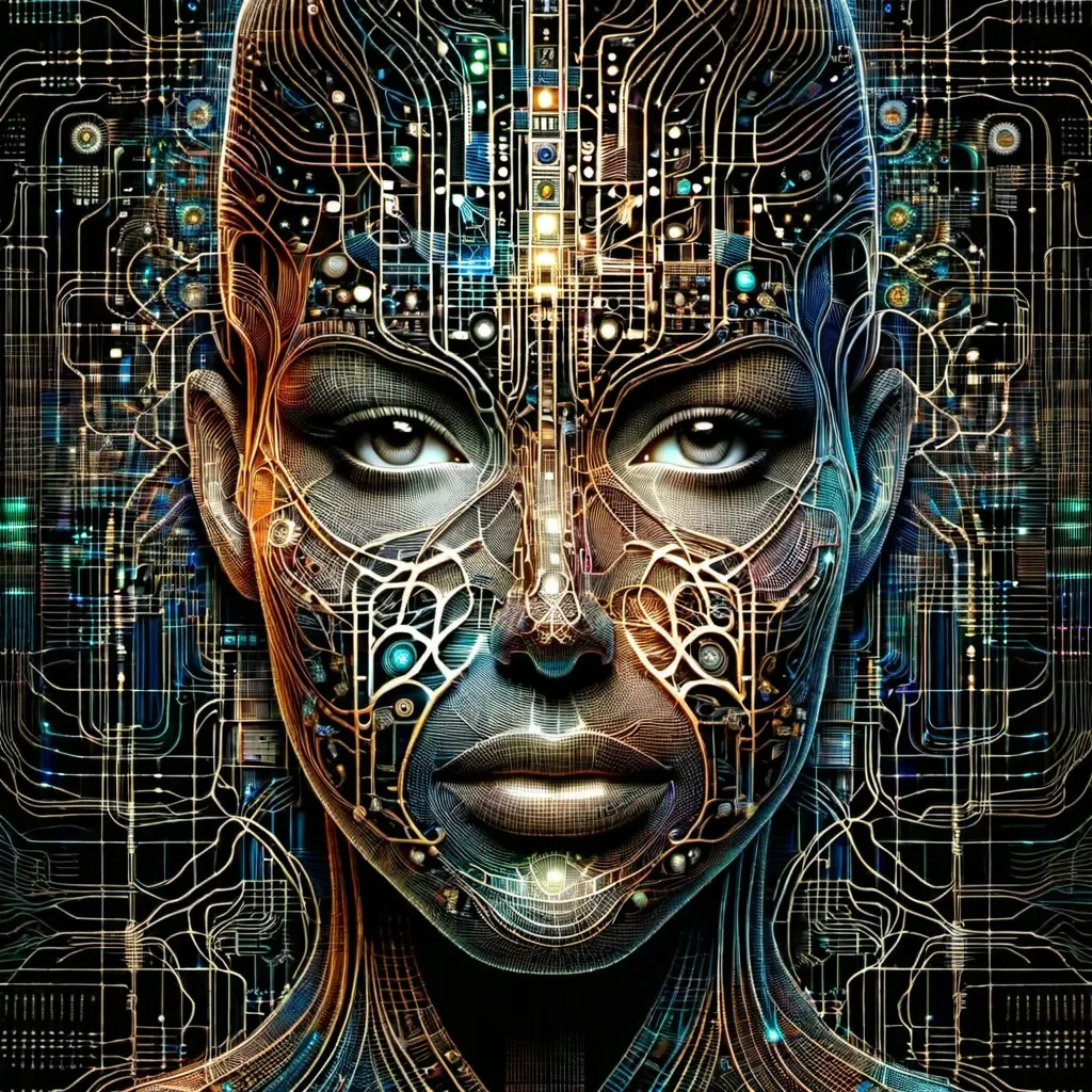 Circuit patterned face sculpture — Circuit patterned face sculpture. Expressive illustration, harmonious colors, a clear focal point and carefully arranged details. Create a new…