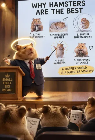 Hamster keynote — A tiny hamster in a business suit presenting to an audience of hamsters, playful conference scene with a colorful chart.