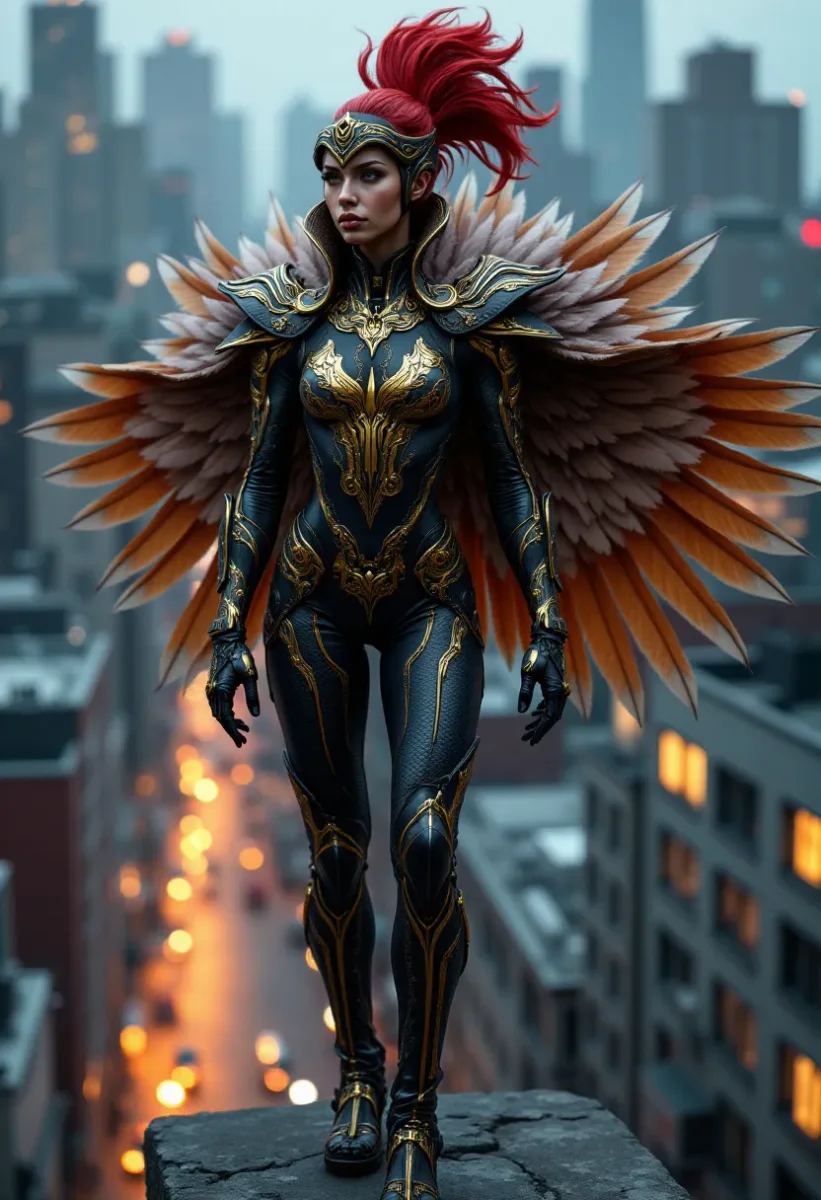 Feathered armor above the city — Feathered armor above the city. An imaginative character study with distinctive materials, expressive posture and cinematic lighting. Create a…