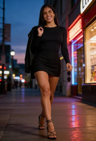 Evening street fashion — Evening street fashion. Natural photographic detail, balanced composition, expressive light and clear subject separation. Create a new interpretation…