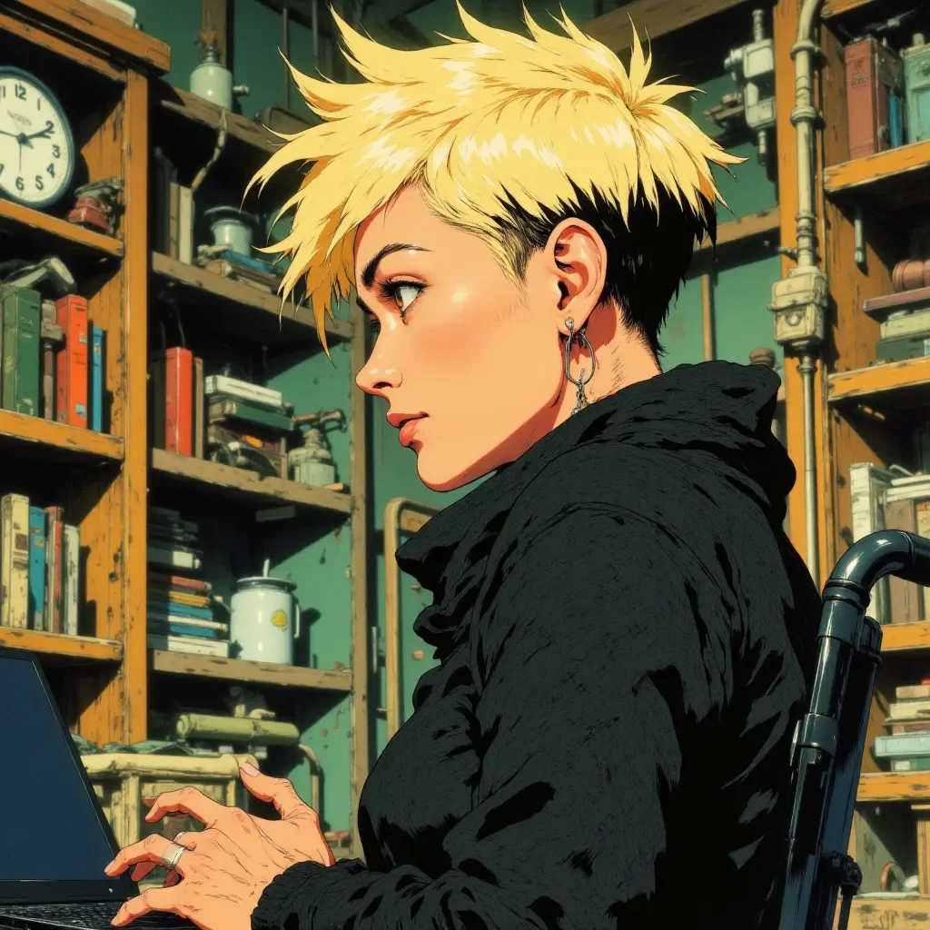 Golden haired illustrated bookshop portrait — Golden haired illustrated bookshop portrait. Expressive illustration, harmonious colors, a clear focal point and carefully arranged…