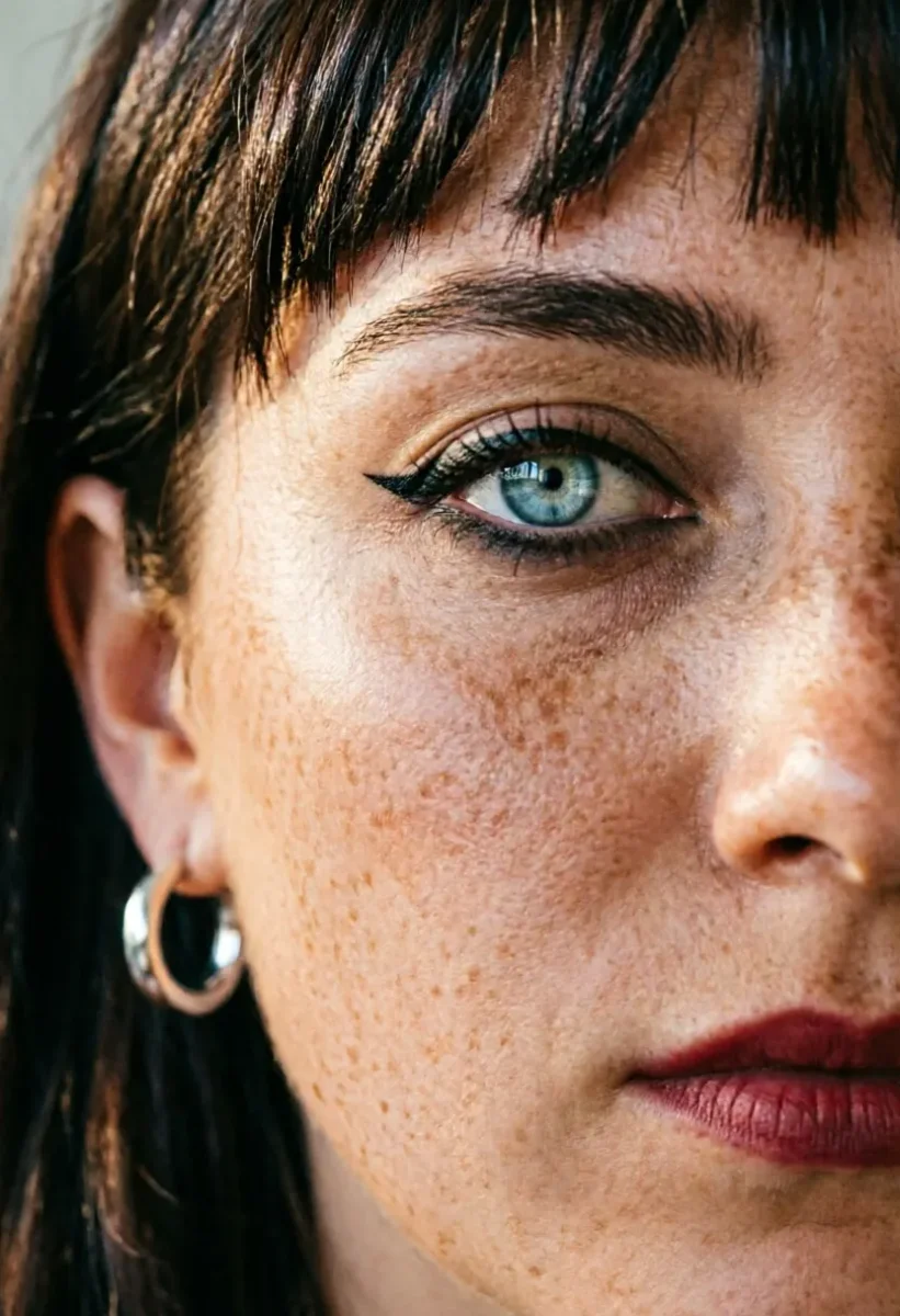 Freckles and blue eyes — A close cropped portrait showing blue eyes and natural freckles, soft window light and authentic skin texture.