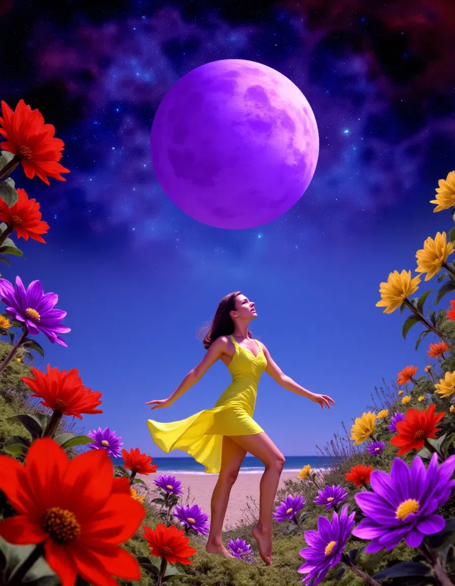 Yellow dress under a purple moon — Yellow dress under a purple moon. Expressive illustration, harmonious colors, a clear focal point and carefully arranged details. Create a new…