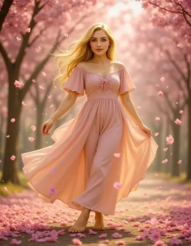 Pink dress beneath cherry blossoms — Pink dress beneath cherry blossoms. Natural photographic detail, balanced composition, expressive light and clear subject separation. Create…