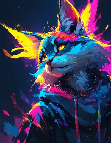 Neon paint cat — An expressive long-haired cat portrait with electric blue fur and splashes of magenta, yellow and cyan paint, dark background, graphic illustration, energetic…