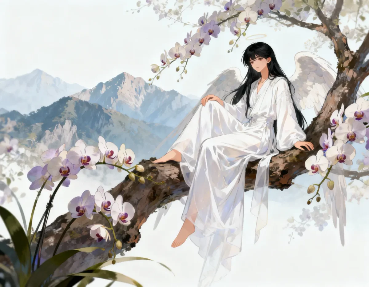 White robes beneath spring blossoms — White robes beneath spring blossoms. Expressive illustration, harmonious colors, a clear focal point and carefully arranged details. Create…