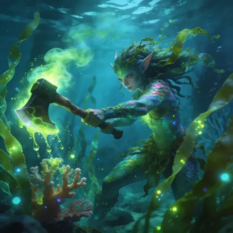 Underwater guardian with glowing green magic — Underwater guardian with glowing green magic. An imaginative character study with distinctive materials, expressive posture and…