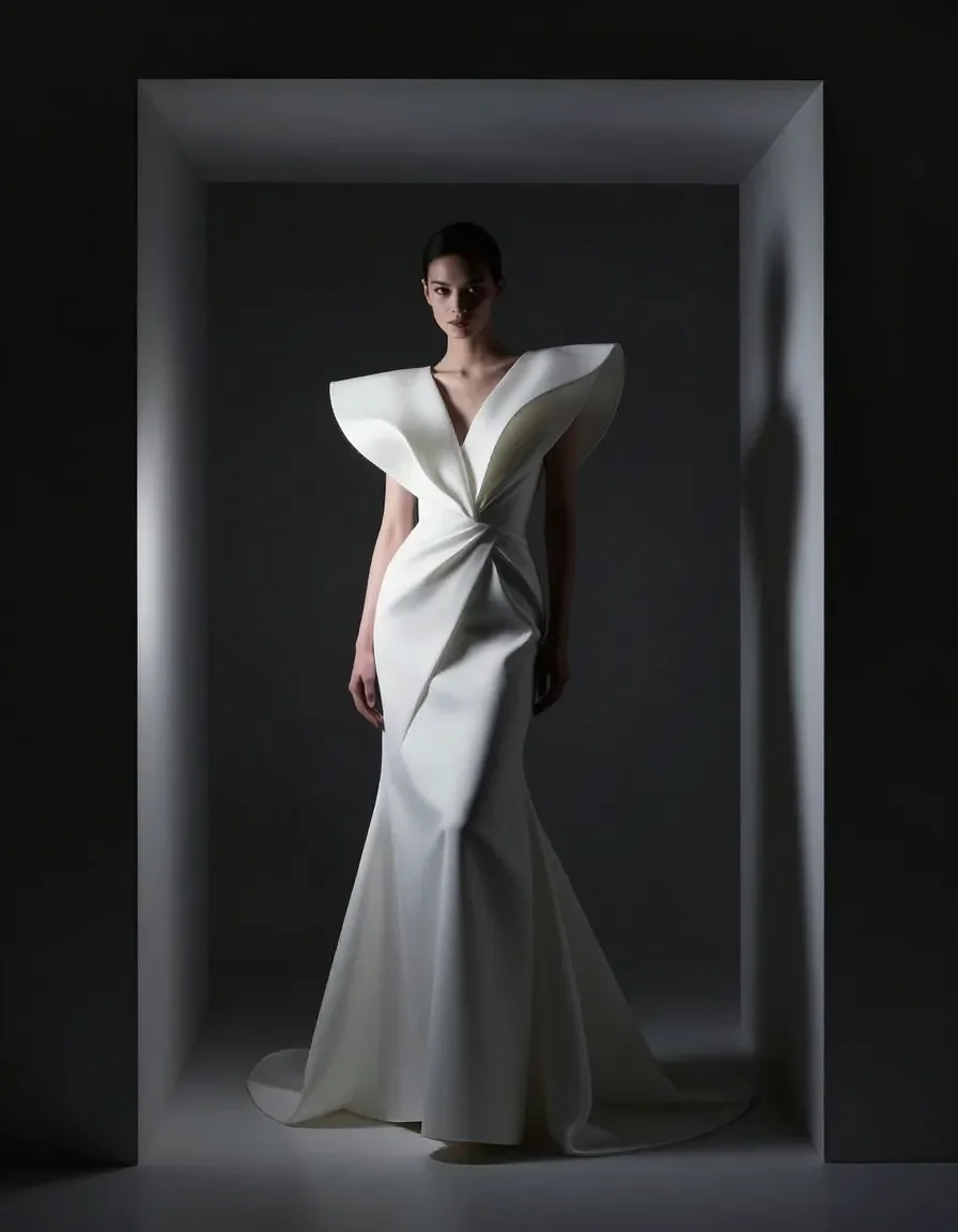 Sculptural white gown — A model in a sculptural white gown framed by a dark doorway, angular shoulders and restrained fashion lighting.