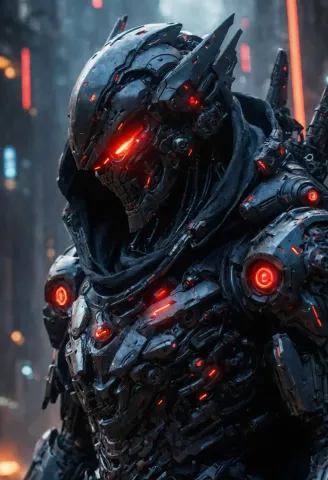 Red-lit armor — An original futuristic armored figure with red glowing visor and mechanical plates, rainy neon city backdrop.