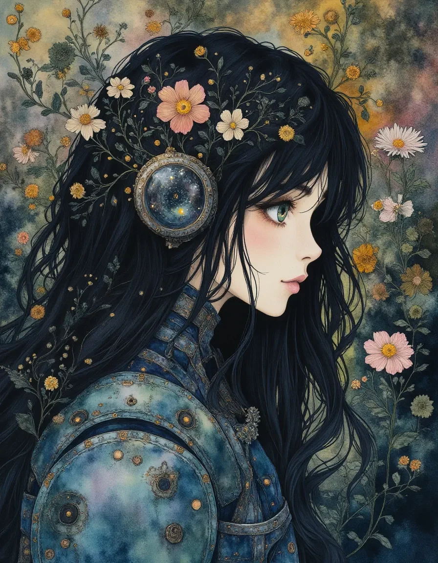Flower covered headphones portrait — Flower covered headphones portrait. Expressive illustration, harmonious colors, a clear focal point and carefully arranged details. Create a…