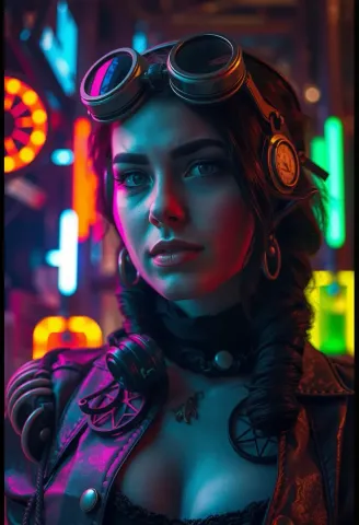 Goggles in a neon workshop — Goggles in a neon workshop. An imaginative character study with distinctive materials, expressive posture and cinematic lighting. Create a new…