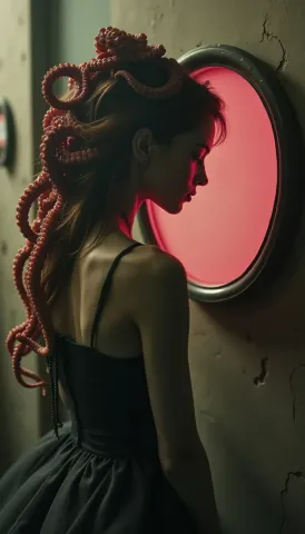 Serpent hair silhouette and red mirror — Serpent hair silhouette and red mirror. Expressive illustration, harmonious colors, a clear focal point and carefully arranged details.…