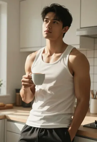 Morning coffee in a white shirt — Morning coffee in a white shirt. Natural photographic detail, balanced composition, expressive light and clear subject separation. Create a new…