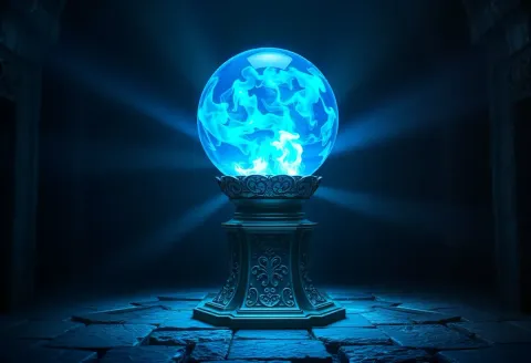 Glowing blue orb on a pedestal — Glowing blue orb on a pedestal. A carefully composed still life with clear material textures, controlled lighting and a clean focal point. Create…