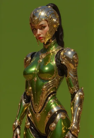Green and gold android portrait — Green and gold android portrait. An imaginative character study with distinctive materials, expressive posture and cinematic lighting. Create a…