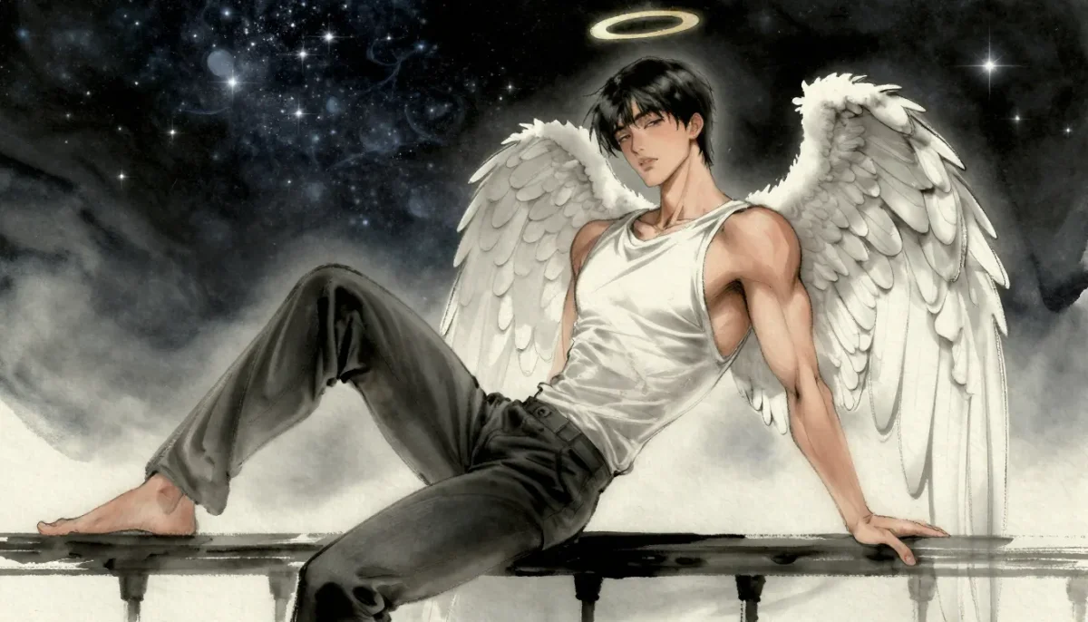 Resting angel — An original winged figure sitting on a pale ledge under a starry sky, white feathers and soft monochrome tones.