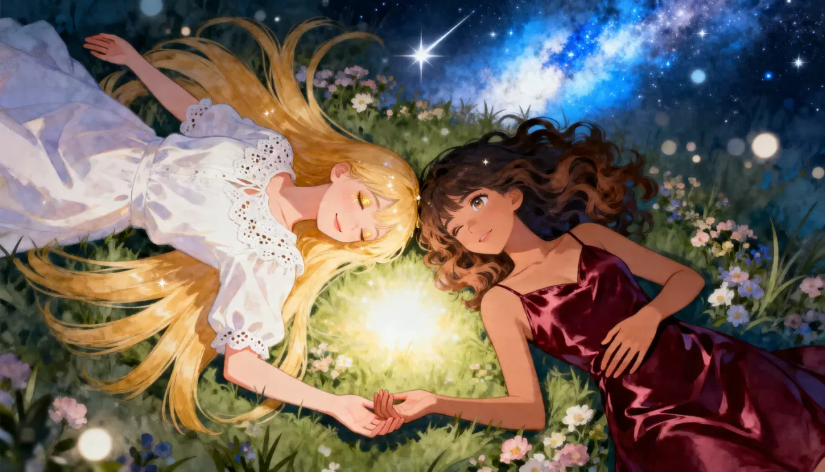 Starlit meadow dream — Two original illustrated travelers resting in a flower meadow under a starry sky, warm glowing light between them.