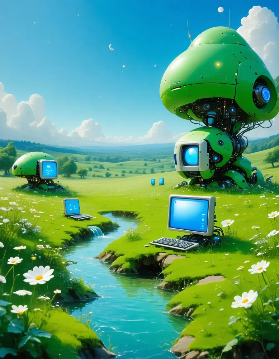 Green robot in a sunny meadow — Green robot in a sunny meadow. Expressive illustration, harmonious colors, a clear focal point and carefully arranged details. Create a new…
