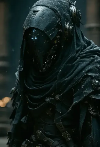 Hooded machine — An original hooded armored machine with tiny blue lights beneath a dark visor, rain-worn metal textures.