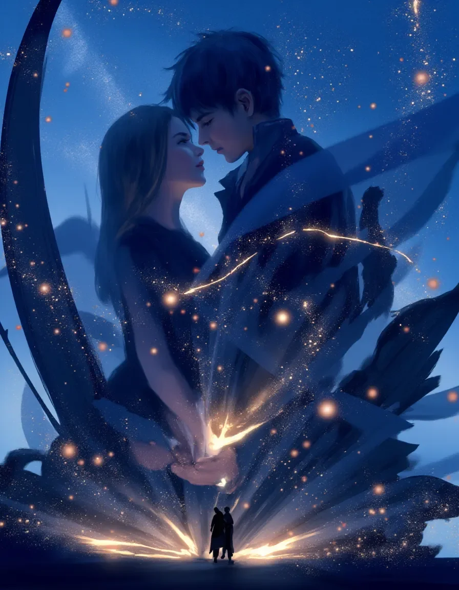 Romantic silhouettes in a blue sky — Romantic silhouettes in a blue sky. Expressive illustration, harmonious colors, a clear focal point and carefully arranged details. Create a…