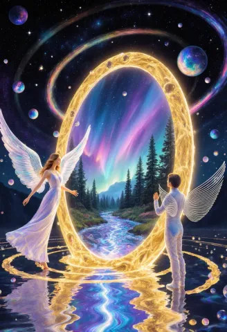 Golden portal reflecting in water — Golden portal reflecting in water. Expressive illustration, harmonious colors, a clear focal point and carefully arranged details. Create a…