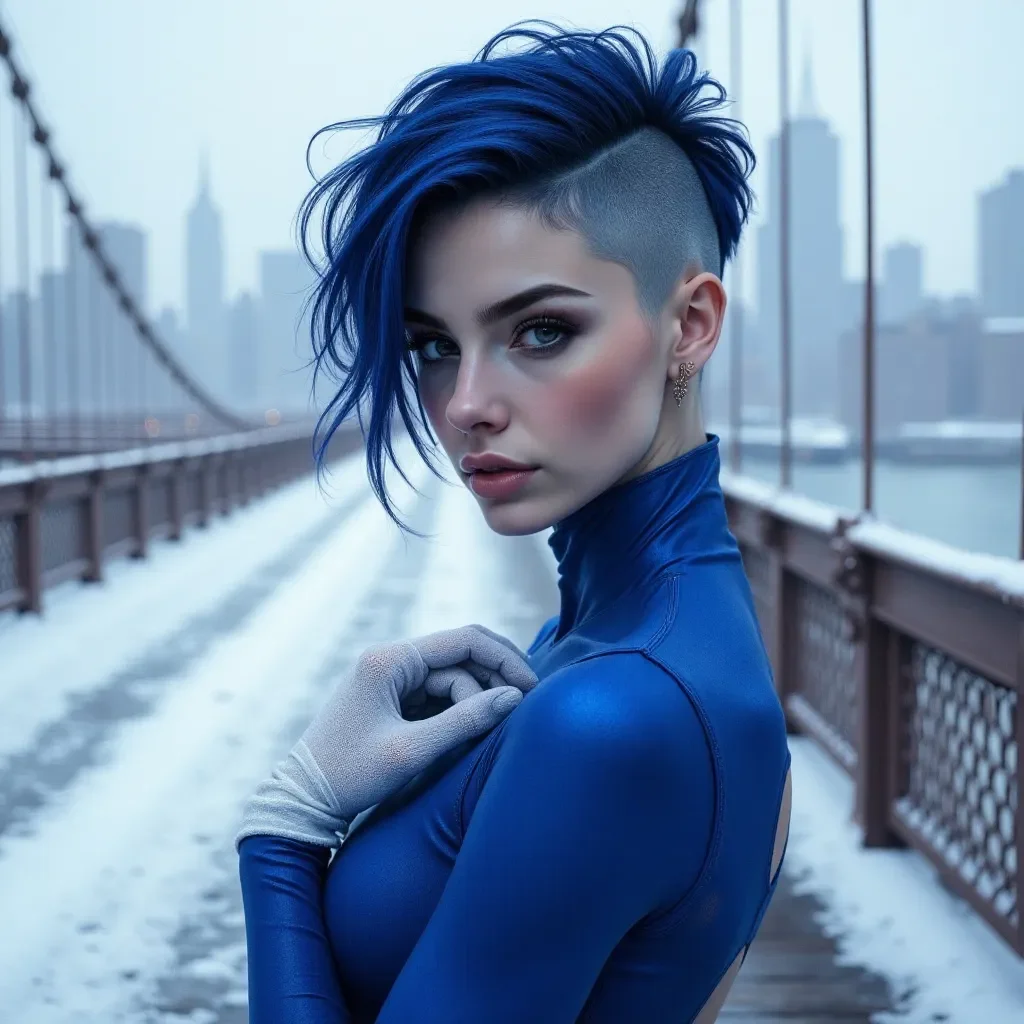 Blue haired winter bridge portrait — Blue haired winter bridge portrait. Natural photographic detail, balanced composition, expressive light and clear subject separation. Create…