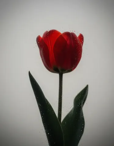 Single red tulip — A single red tulip covered with fine dew against a soft gray background, minimal floral still life.