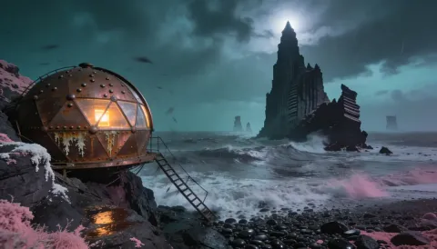 Storm-coast observatory — A glowing glass dome on a rocky coast beside a towering sea stack, storm clouds and pink coastal plants.