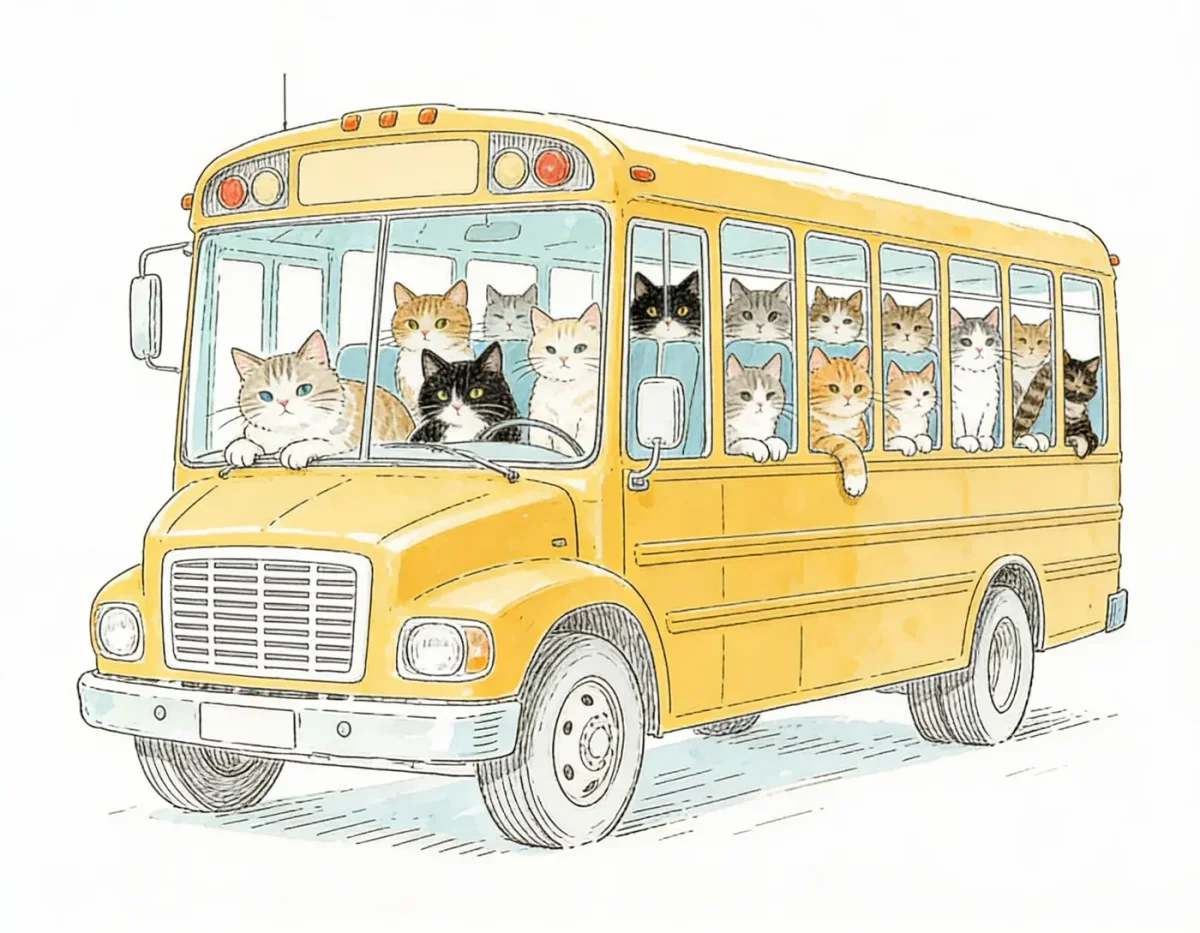 Cat school bus — A cheerful yellow school bus filled with cats, hand-drawn watercolor lines on a white background.