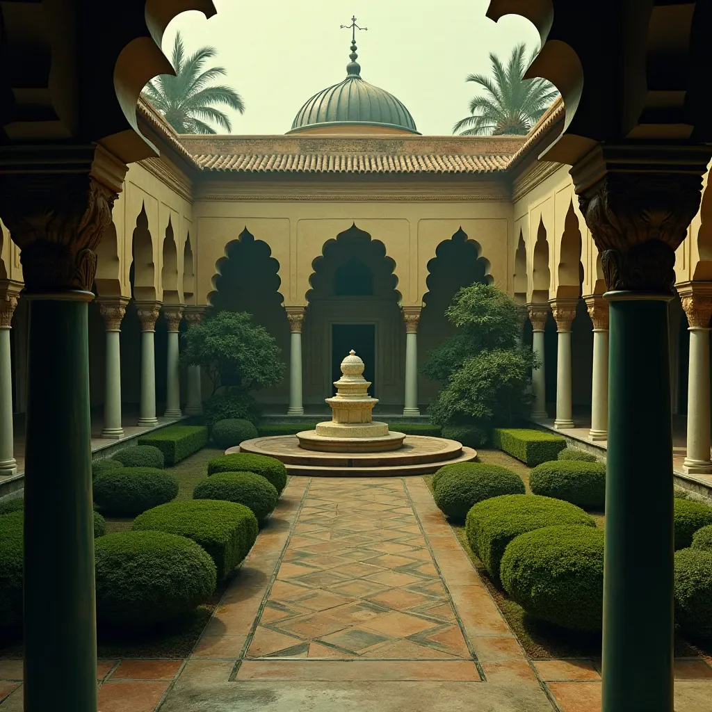 Quiet courtyard with a fountain — Quiet courtyard with a fountain. An atmospheric environment with layered depth, coherent lighting and rich environmental detail. Create a new…