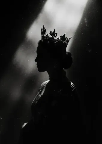 Crowned silhouette — A dark side-profile silhouette wearing a delicate crown, narrow dramatic white light through smoky shadows, monochrome cinematic portrait.