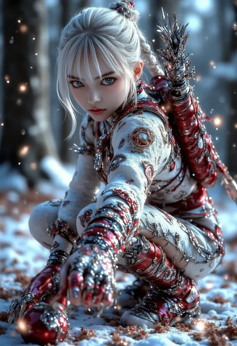 Winter crystal armor — A silver-haired fantasy warrior in intricate red and silver crystal armor, soft snowfall, cold blue light, shallow depth of field, highly detailed…