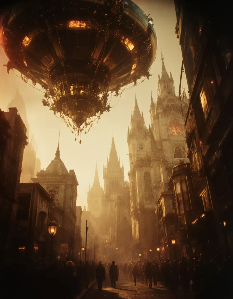 Floating steampunk city — An enormous illuminated mechanical sphere floating over a gothic city at dusk, amber haze and intricate architecture.