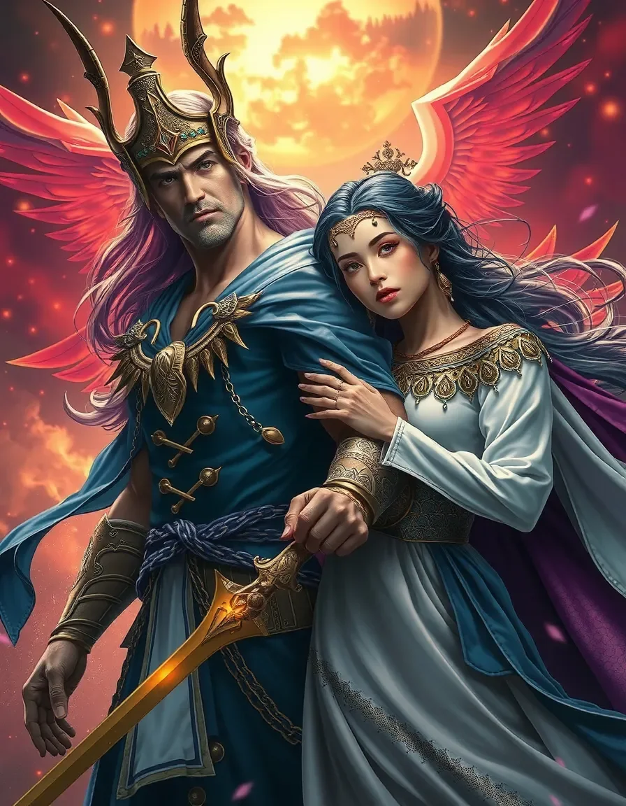 Celestial armored royal couple — Celestial armored royal couple. An imaginative character study with distinctive materials, expressive posture and cinematic lighting. Create a…