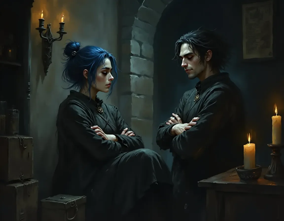 Conversation in a candlelit castle — Conversation in a candlelit castle. Expressive illustration, harmonious colors, a clear focal point and carefully arranged details. Create a…