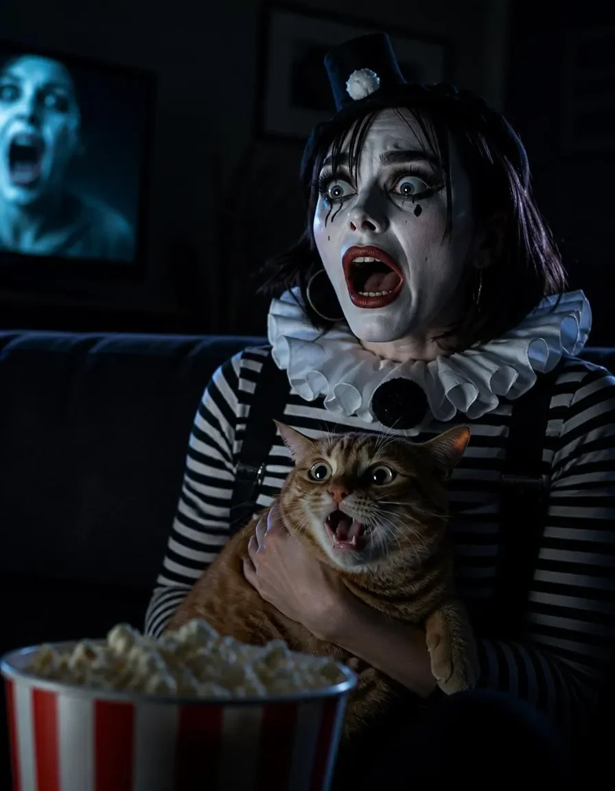Movie-night cat — A surprised theatrical mime holding a wide-eyed cat and a popcorn bucket in a dark cinema, humorous scene.